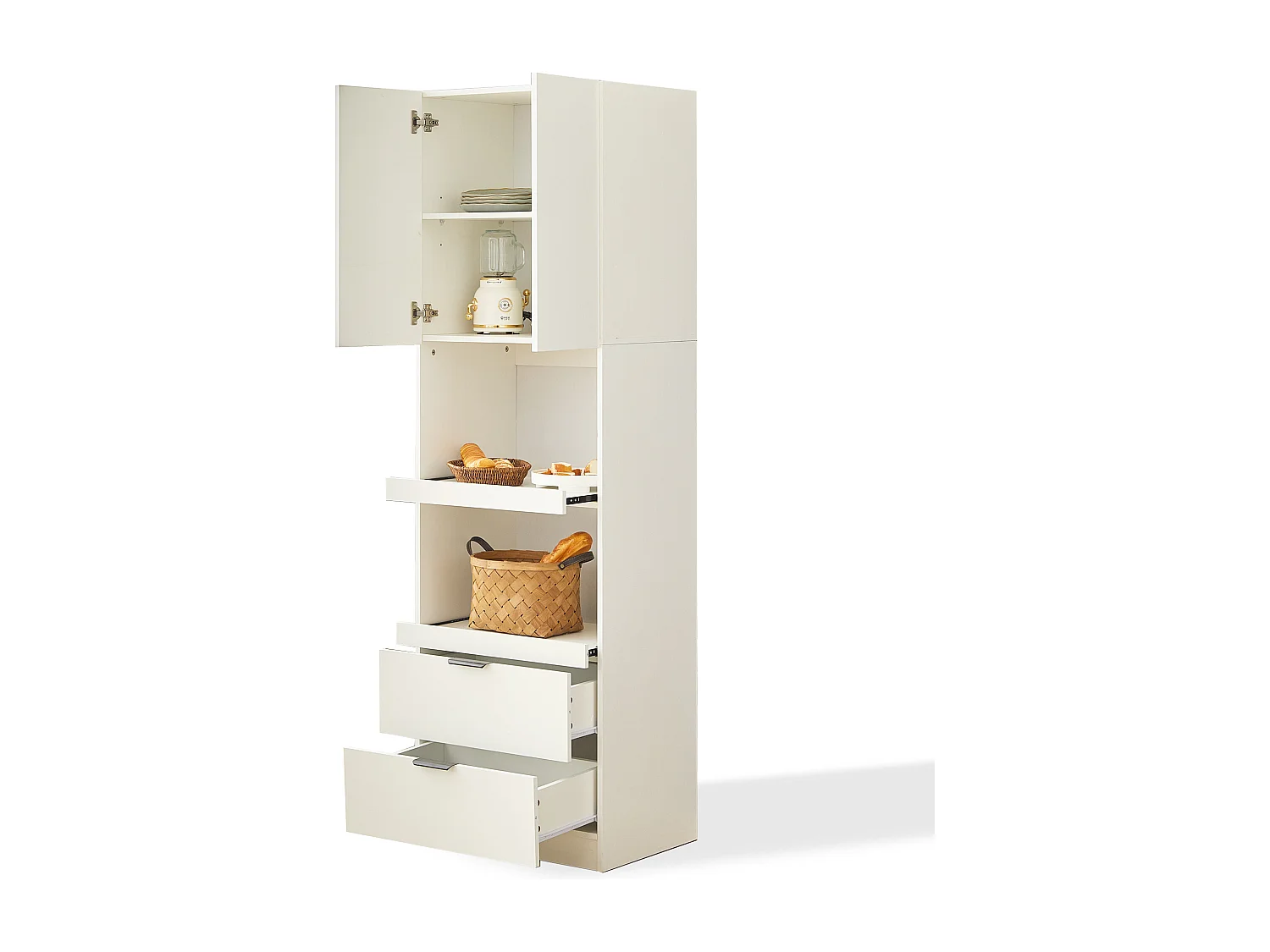 Armoire de Cuisine avec Protection Anti-Renversement, Étagères et Tiroirs, Design Multifonctionnel, Bois MDF, Blanc (59.5x45x200 cm)