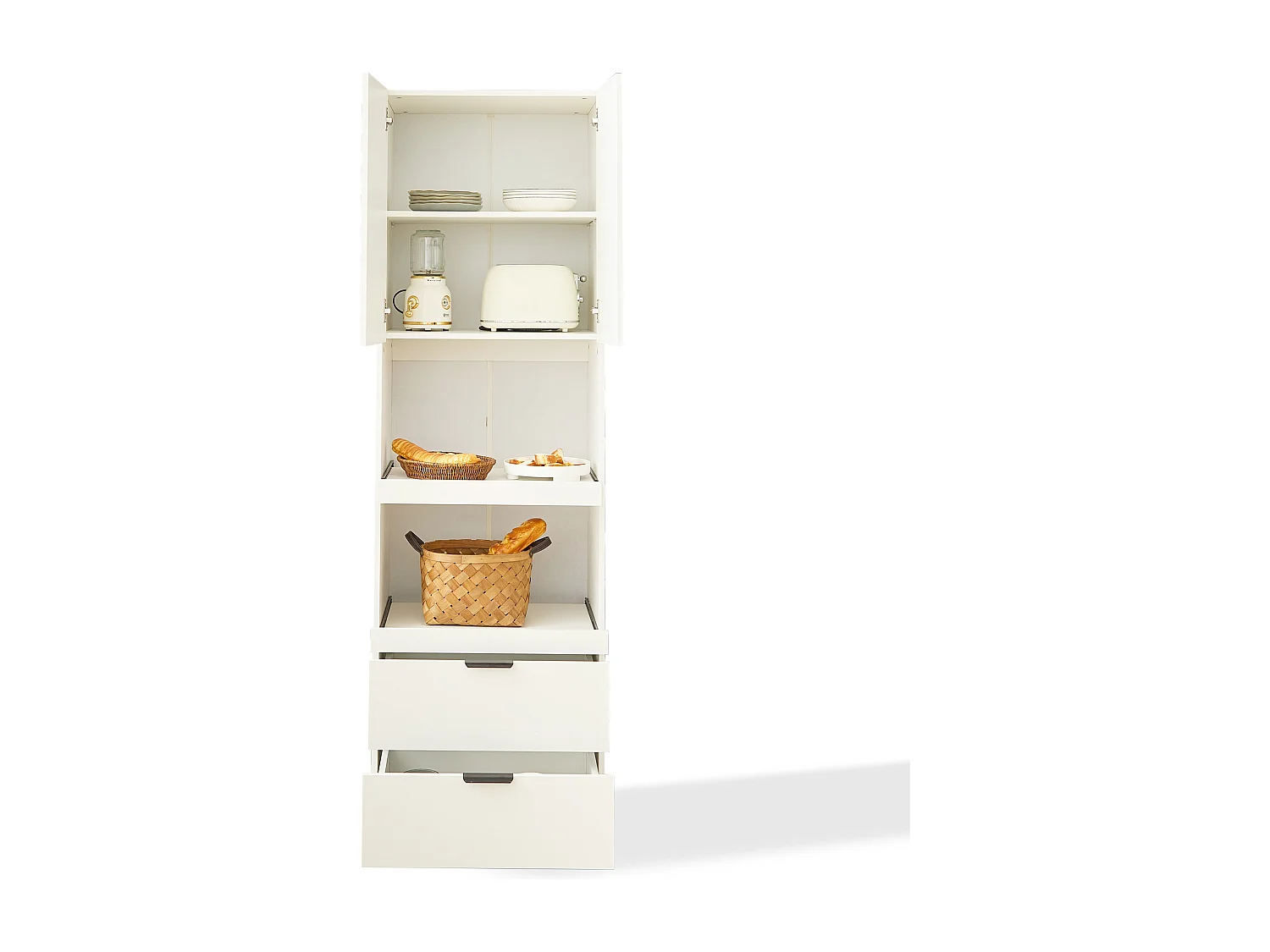 Armoire de Cuisine avec Protection Anti-Renversement, Étagères et Tiroirs, Design Multifonctionnel, Bois MDF, Blanc (59.5x45x200 cm)