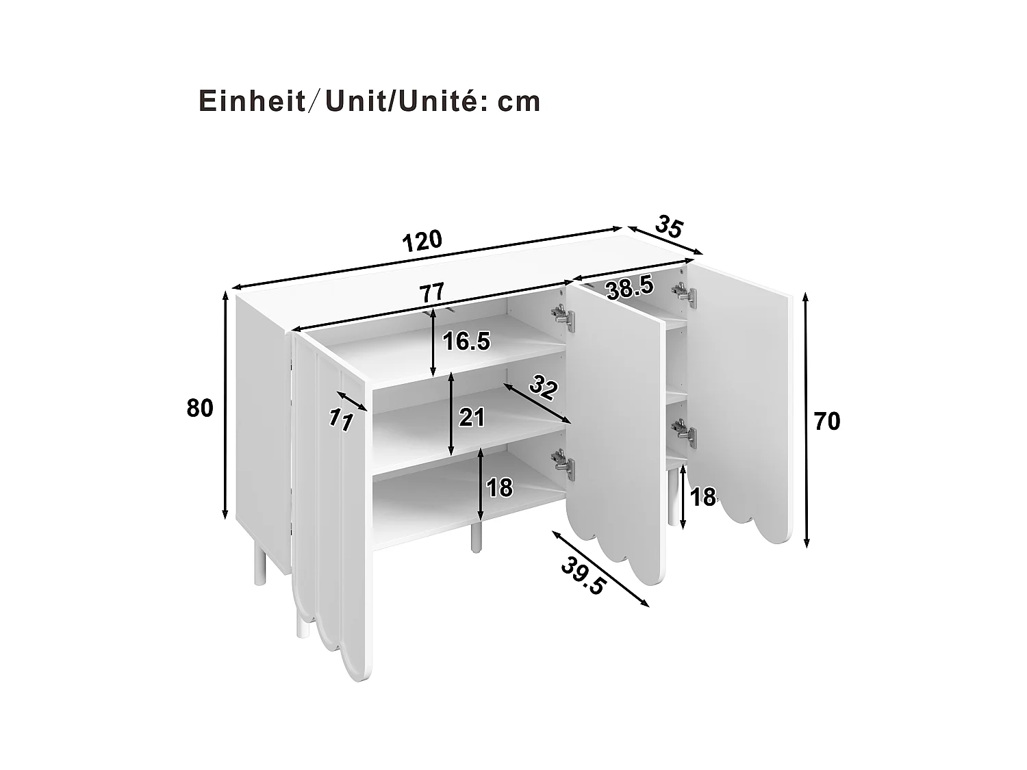 Buffet moderne blanc avec portes ondulées, design minimaliste, MDF, 120x35x80 cm