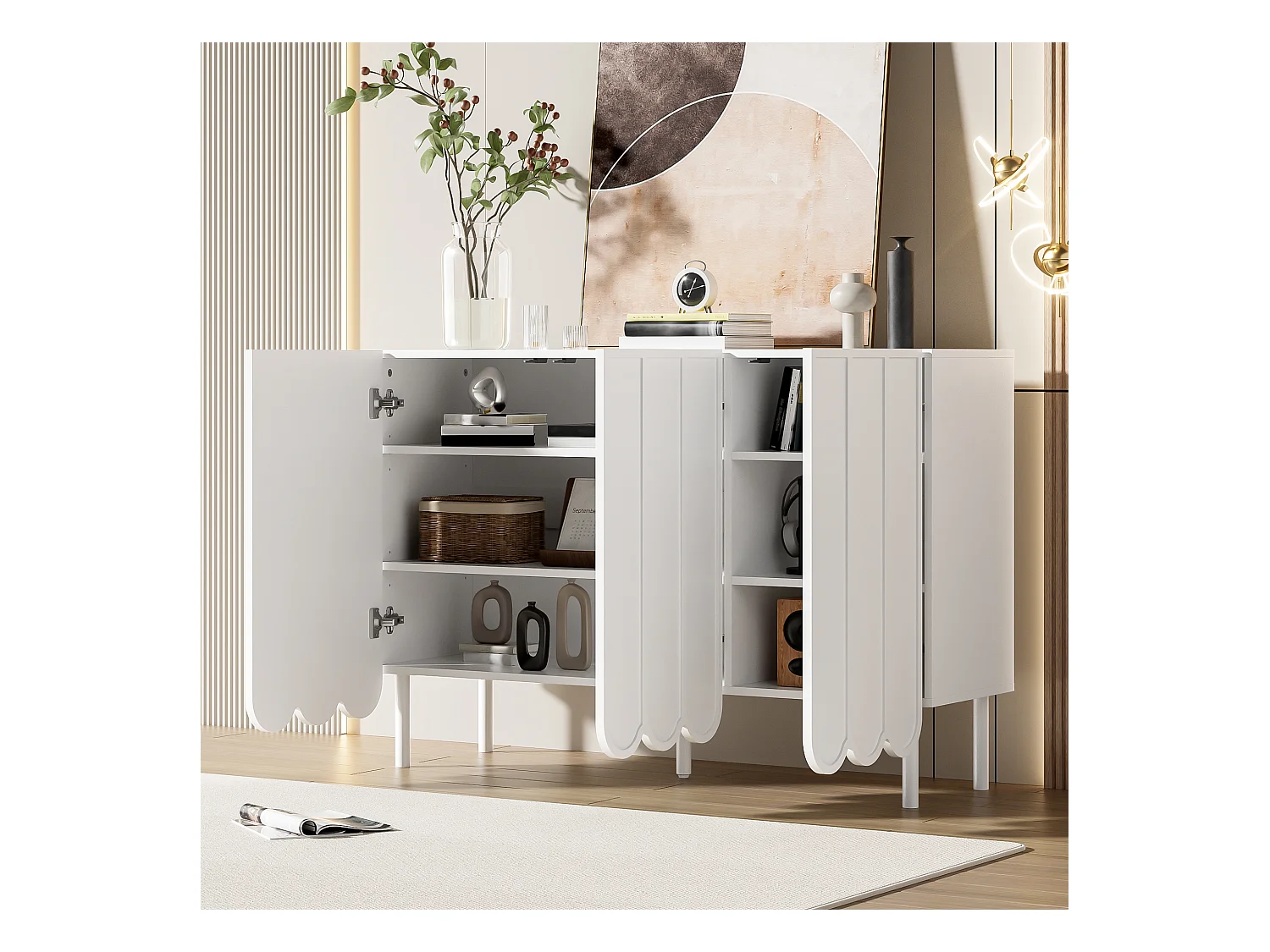 Buffet moderne blanc avec portes ondulées, design minimaliste, MDF, 120x35x80 cm