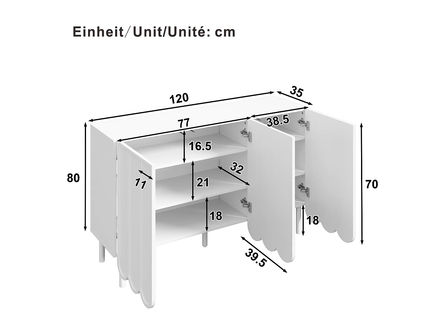 Buffet moderne blanc avec portes ondulées, design minimaliste, MDF, 120x35x80 cm