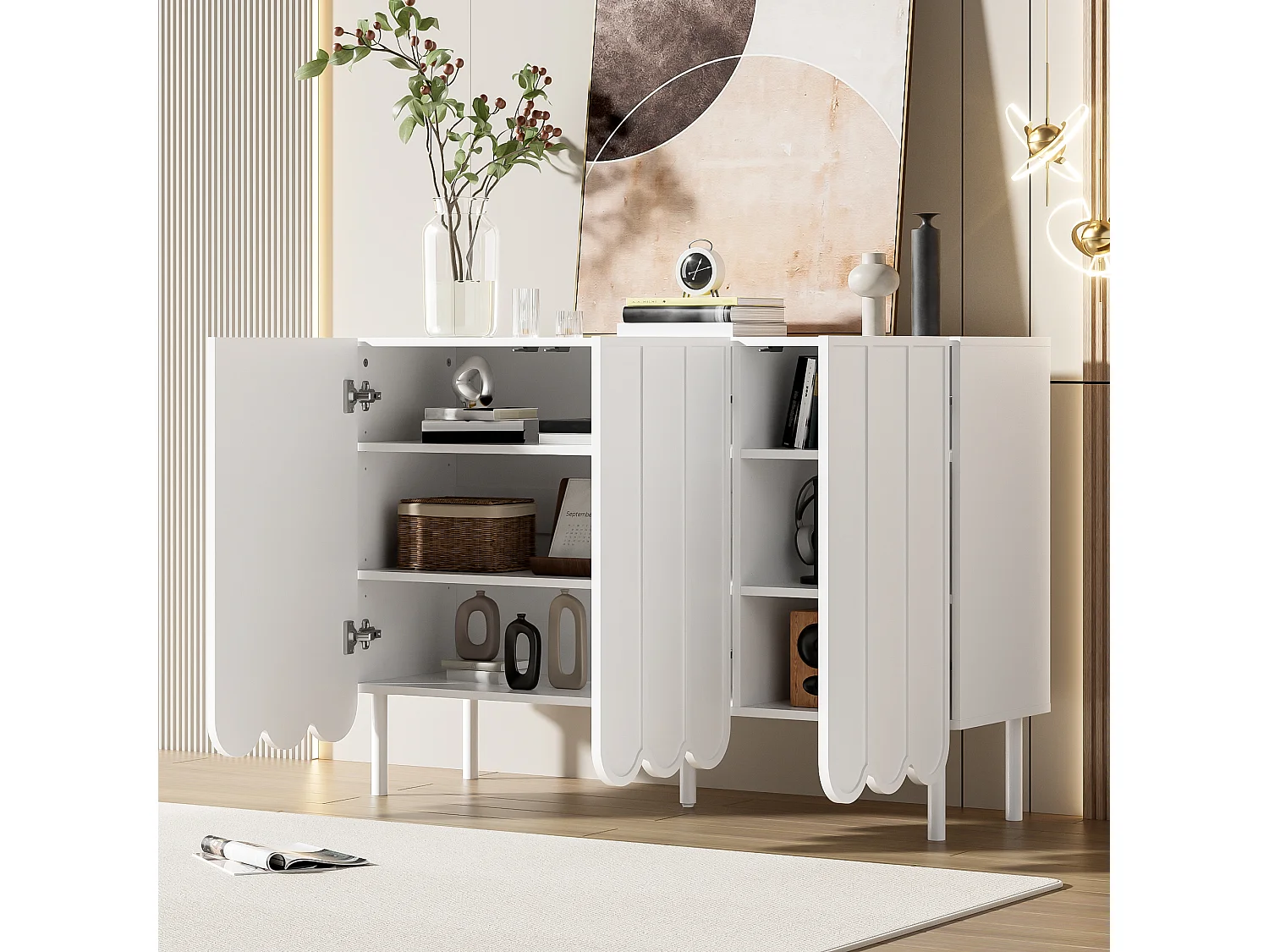 Buffet moderne blanc avec portes ondulées, design minimaliste, MDF, 120x35x80 cm