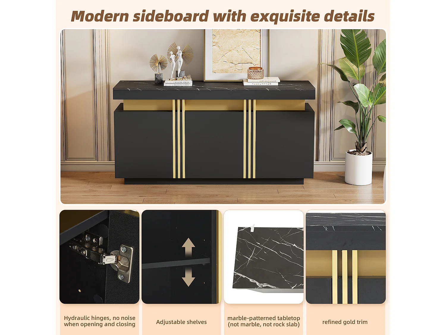 Buffet moderne 3 portes, avec étagères ajustables, finition noire et dorée, (140x38x70 cm)