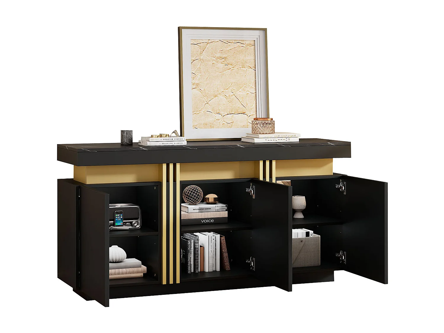 Buffet moderne 3 portes, avec étagères ajustables, finition noire et dorée, (140x38x70 cm)