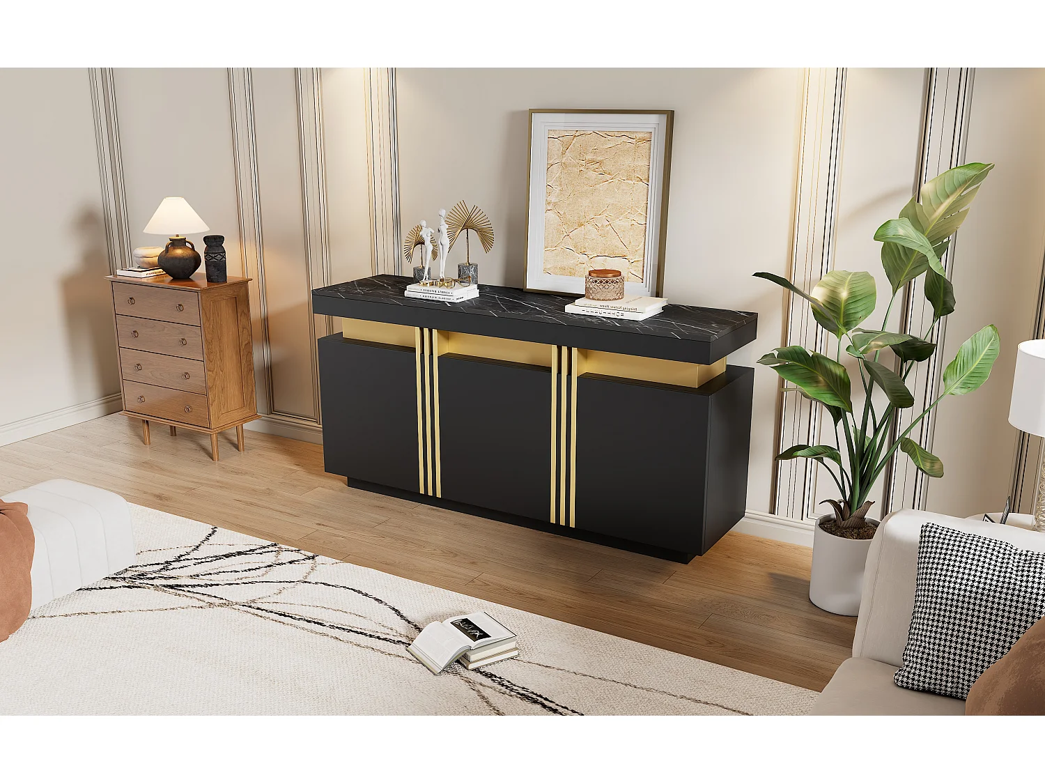 Buffet moderne 3 portes, avec étagères ajustables, finition noire et dorée, (140x38x70 cm)