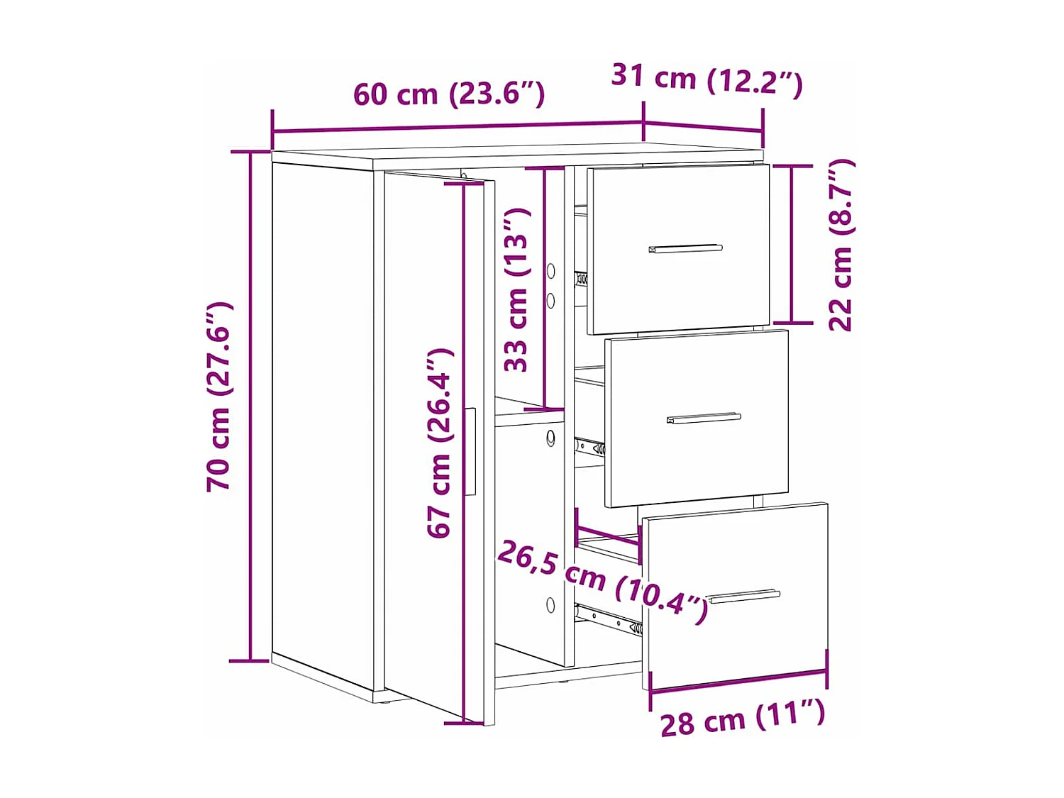 Handgemaakt eikenhouten dressoir 60 x 31 x 70 cm Technisch hout