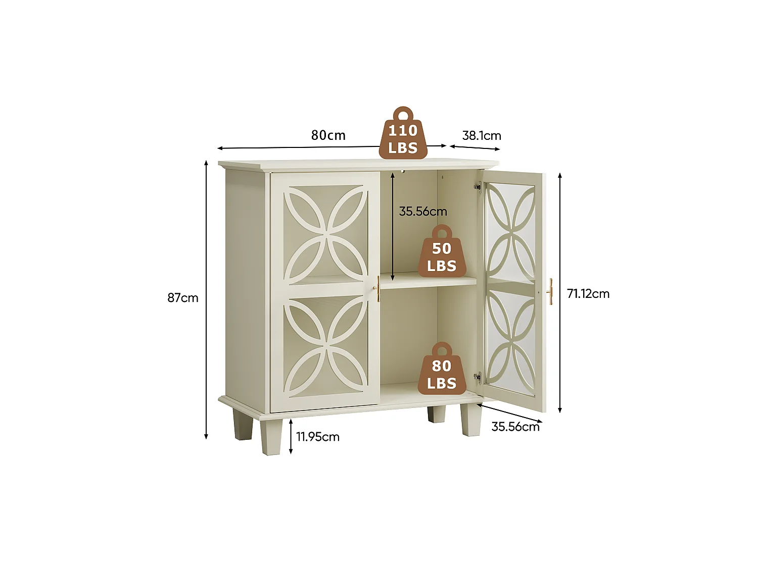 Aparador con puertas y cristal templado, MDF, color crema (80x38x87 cm)