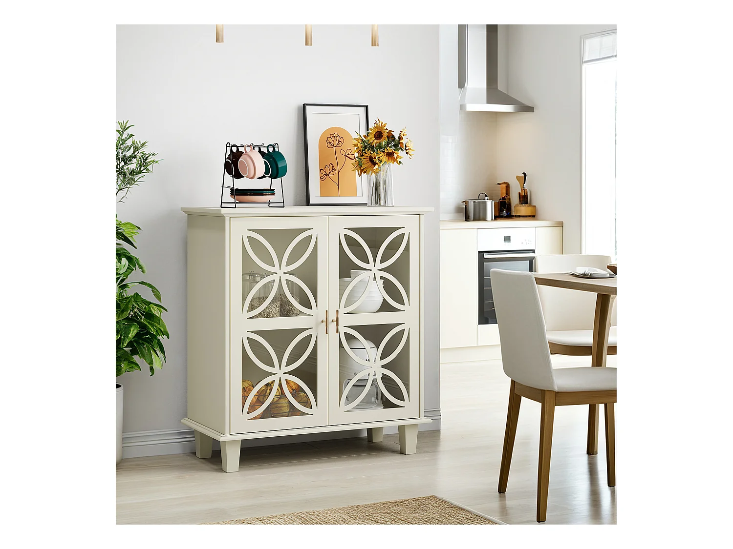 Aparador con puertas y cristal templado, MDF, color crema (80x38x87 cm)