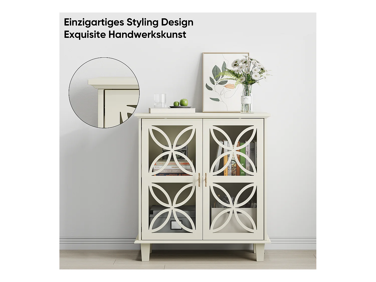 Aparador con puertas y cristal templado, MDF, color crema (80x38x87 cm)