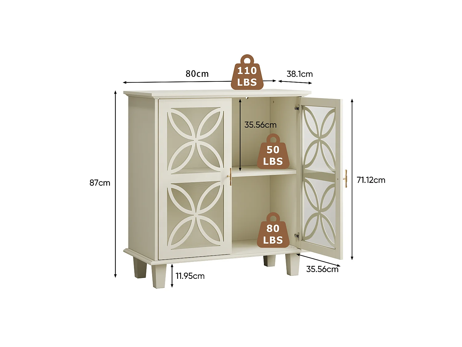 Buffet avec portes en verre trempé, MDF, crème (80x38x87 cm)
