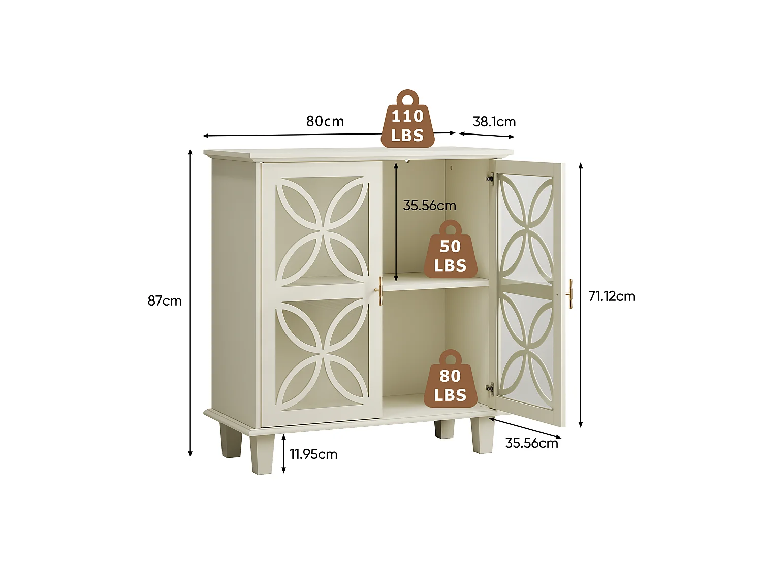 Buffet avec portes en verre trempé, MDF, crème (80x38x87 cm)