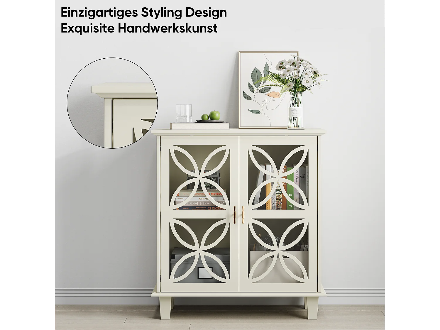 Buffet avec portes en verre trempé, MDF, crème (80x38x87 cm)