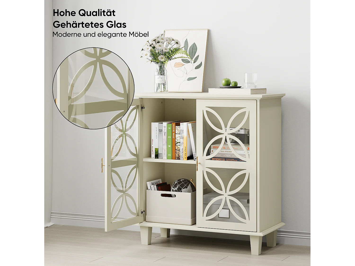 Buffet avec portes en verre trempé, MDF, crème (80x38x87 cm)