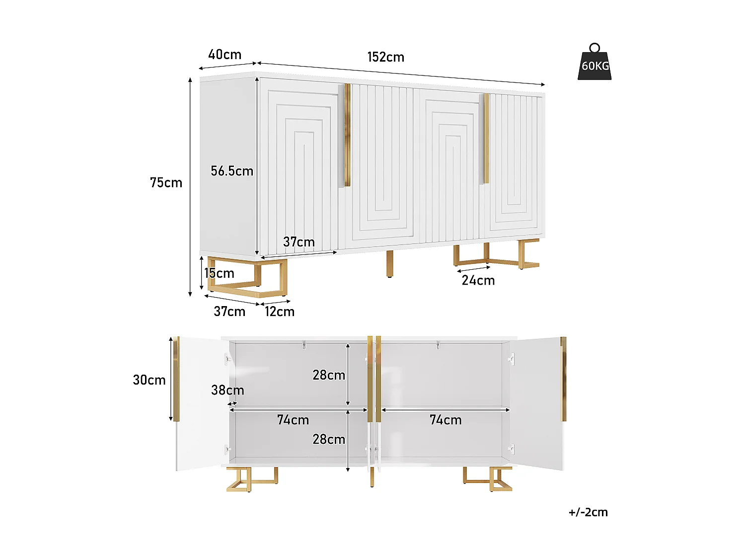Wit dressoir met geometrisch design, gouden handgrepen en poten, MDF, (152x40x75 cm)