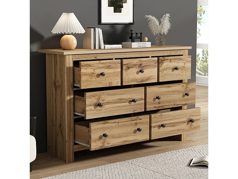 Modern dressoir met 7 lades, minimalistisch design, natuurlijke houtkleur, MDF, (152x40x89 cm)