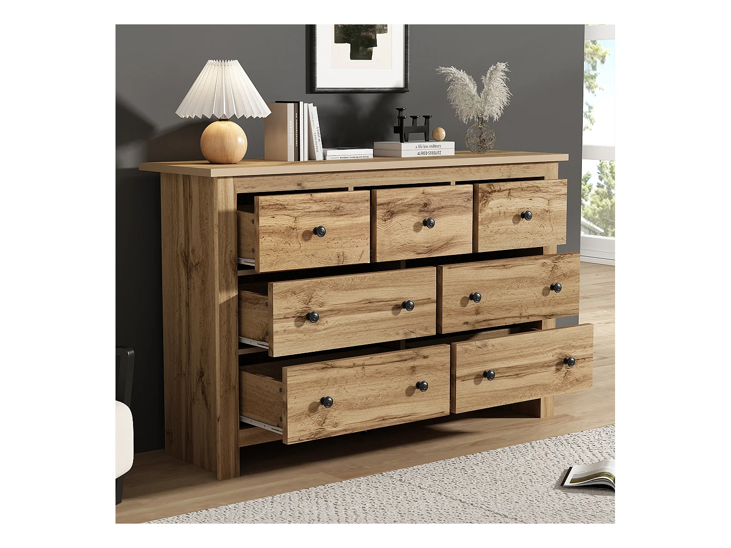 Buffet moderne avec 7 tiroirs, design minimaliste, bois de couleur naturelle, MDF, (152x40x89 cm)