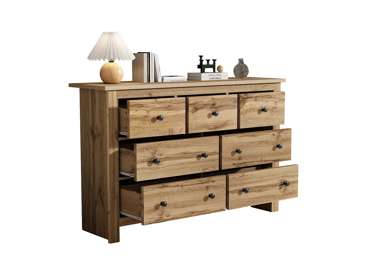 Buffet moderne avec 7 tiroirs, design minimaliste, bois de couleur naturelle, MDF, (152x40x89 cm)