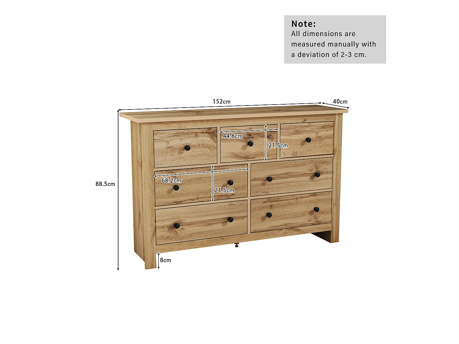 Buffet moderne avec 7 tiroirs, design minimaliste, bois de couleur naturelle, MDF, (152x40x89 cm)