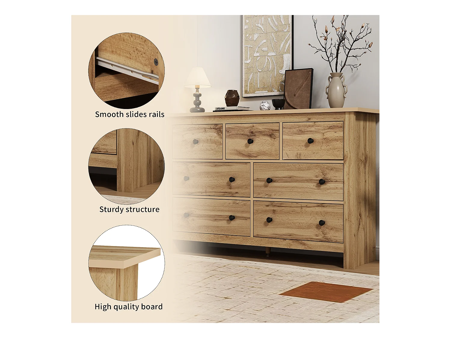 Buffet moderne avec 7 tiroirs, design minimaliste, bois de couleur naturelle, MDF, (152x40x89 cm)