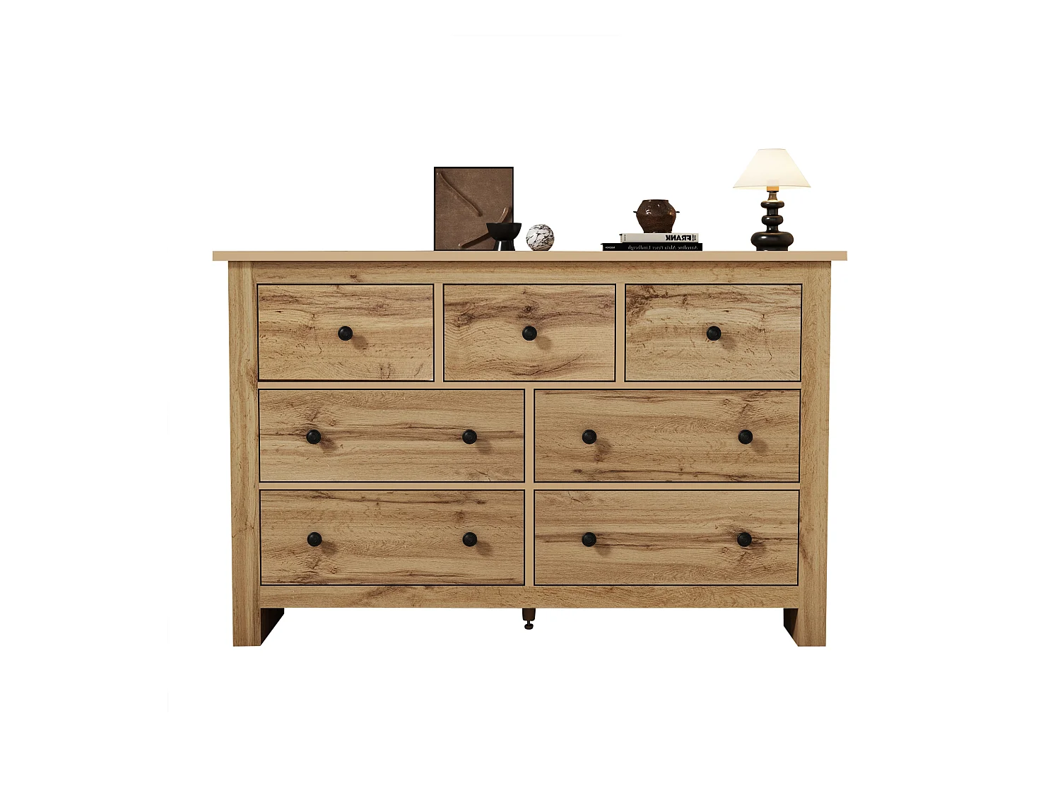 Buffet moderne avec 7 tiroirs, design minimaliste, bois de couleur naturelle, MDF, (152x40x89 cm)