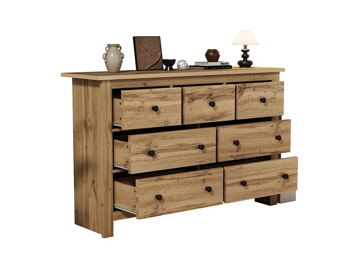 Buffet moderne avec 7 tiroirs, design minimaliste, bois de couleur naturelle, MDF, (152x40x89 cm)