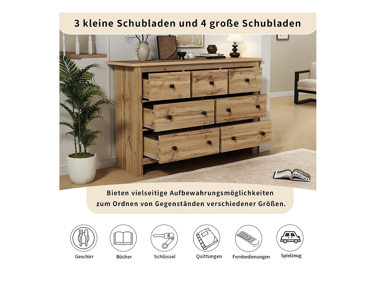 Buffet moderne avec 7 tiroirs, design minimaliste, bois de couleur naturelle, MDF, (152x40x89 cm)