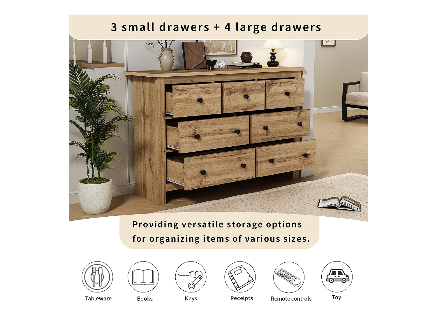 Buffet moderne avec 7 tiroirs, design minimaliste, bois de couleur naturelle, MDF, (152x40x89 cm)