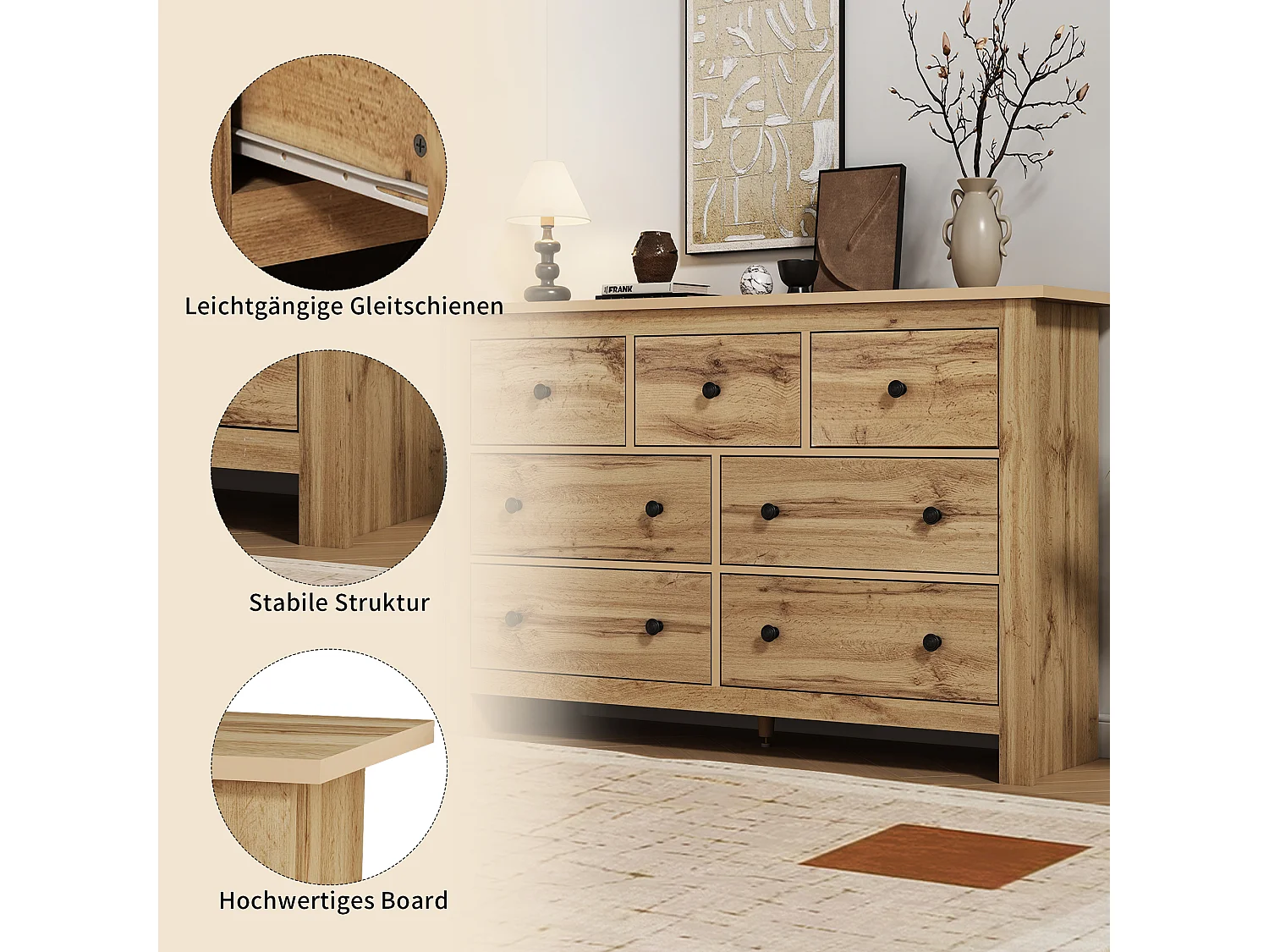 Modern dressoir met 7 lades, minimalistisch design, natuurlijke houtkleur, MDF, (152x40x89 cm)