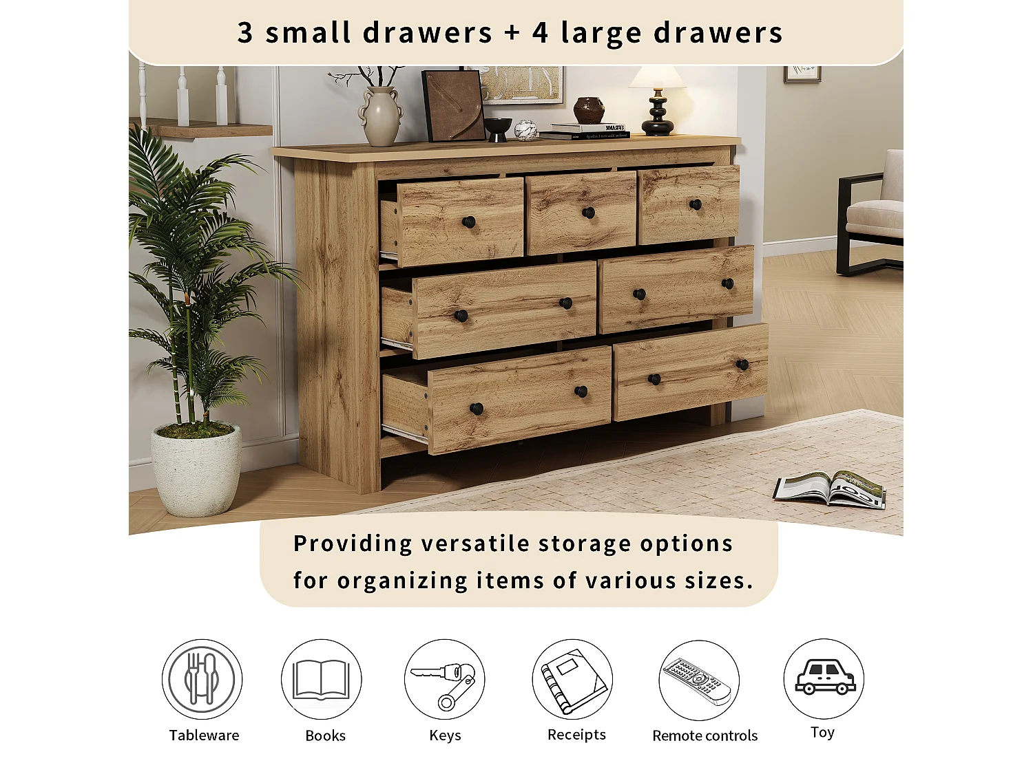 Modern dressoir met 7 lades, minimalistisch design, natuurlijke houtkleur, MDF, (152x40x89 cm)