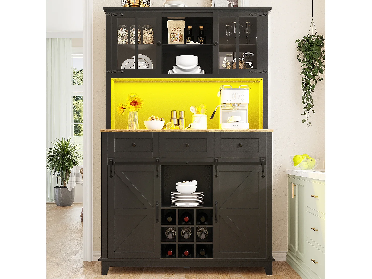 Armario de cocina, buffet, vitrina, MDF, negro, con éclairage LED, étagères réglables, (105x38,4x180 cm)