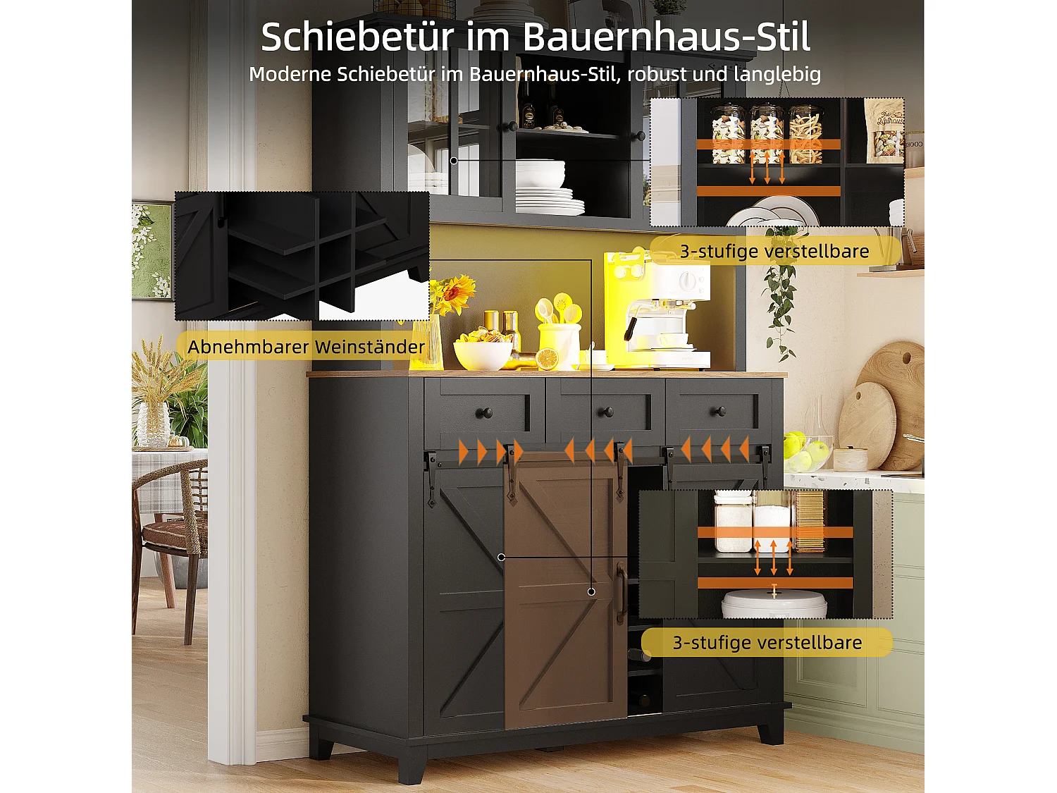 Armario de cocina, buffet, vitrina, MDF, negro, con éclairage LED, étagères réglables, (105x38,4x180 cm)