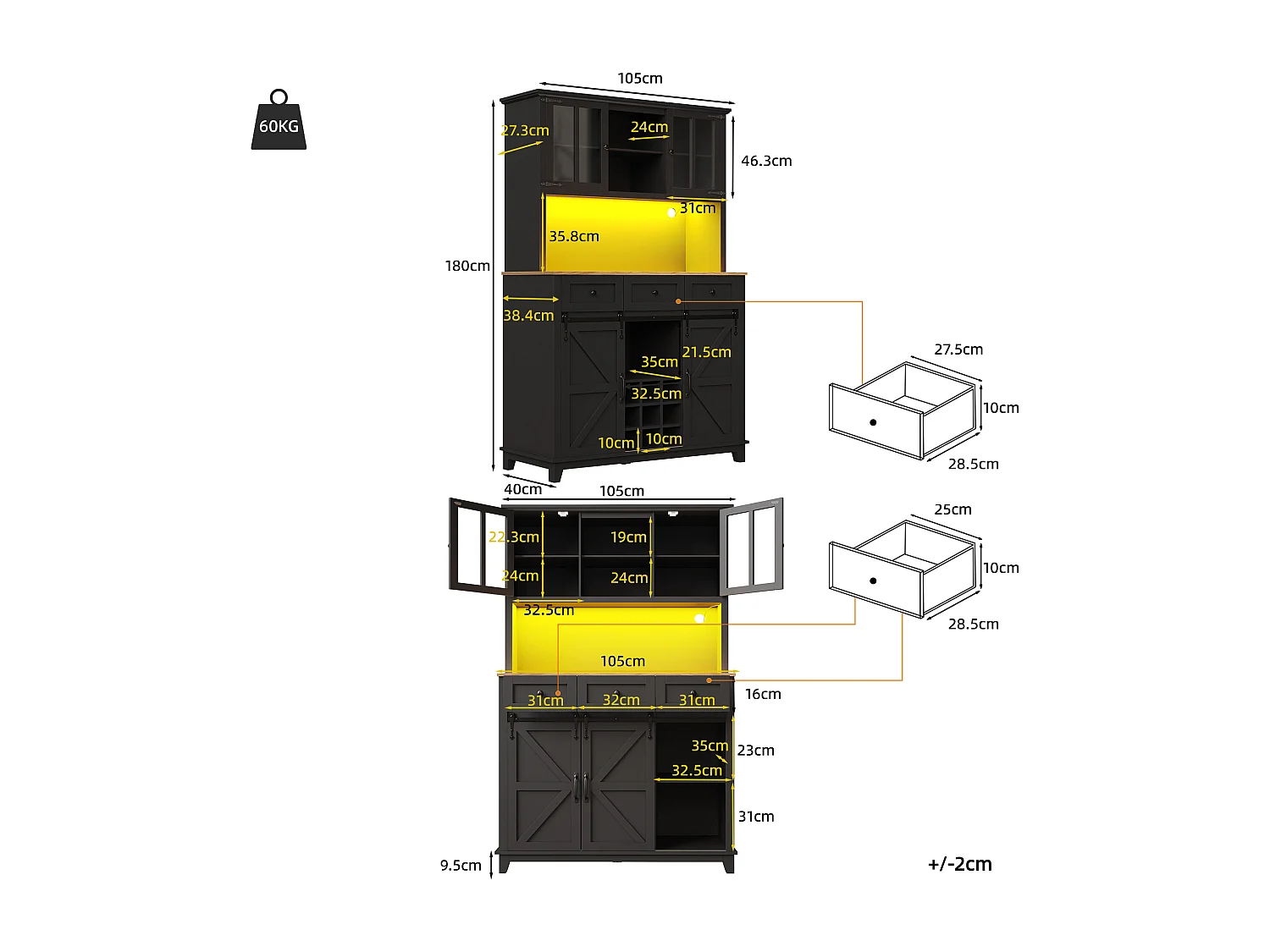 Armario de cocina, buffet, vitrina, MDF, negro, con éclairage LED, étagères réglables, (105x38,4x180 cm)