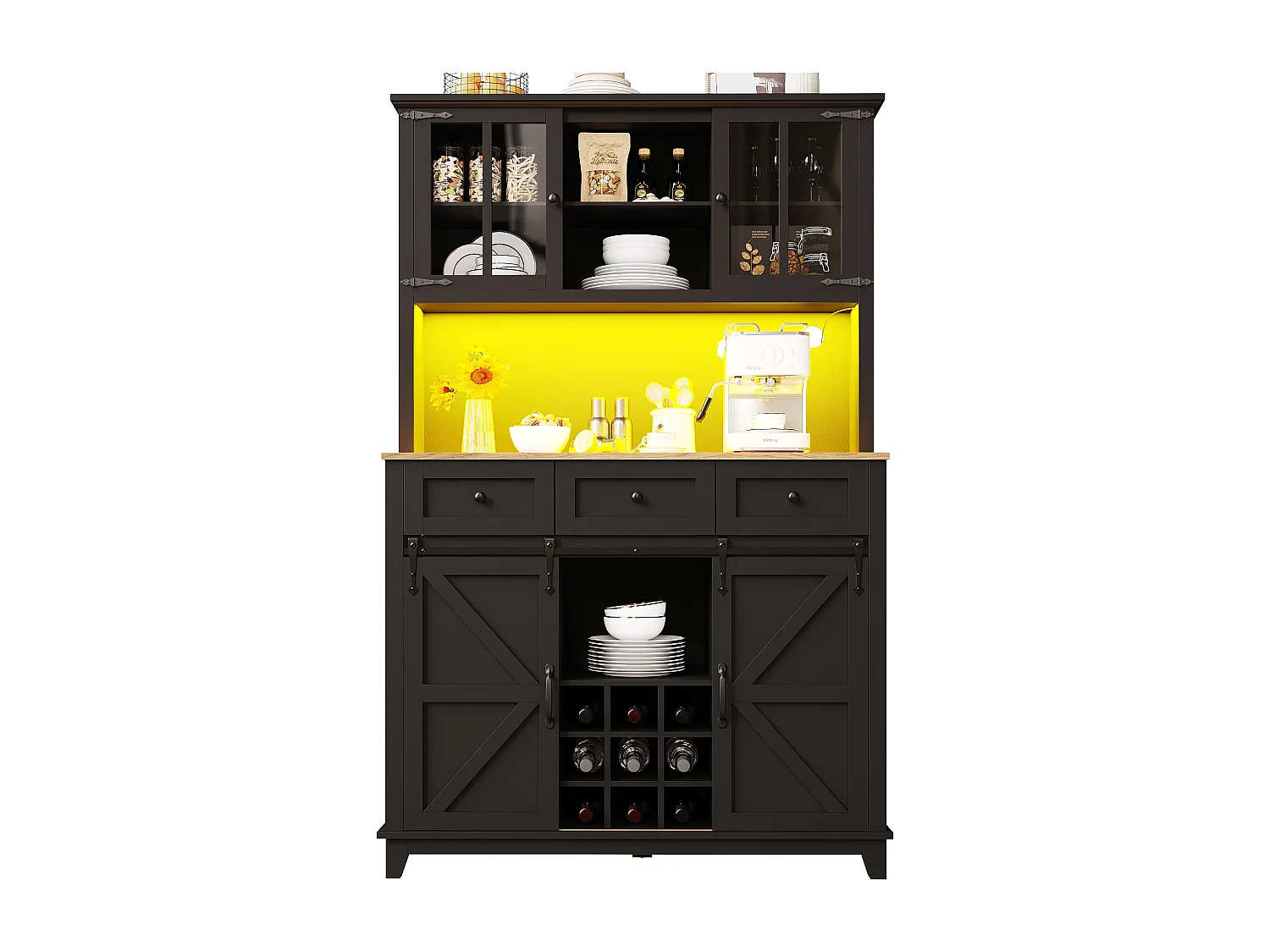 Armario de cocina, buffet, vitrina, MDF, negro, con éclairage LED, étagères réglables, (105x38,4x180 cm)