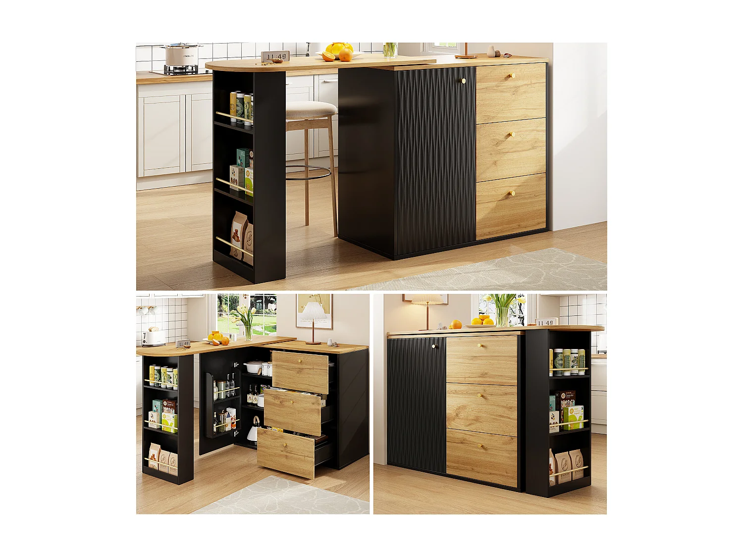 Mesa de bar extensible con espacio de almacenamiento, giratoria 360°, MDF, negra (138-204x39x104 cm)