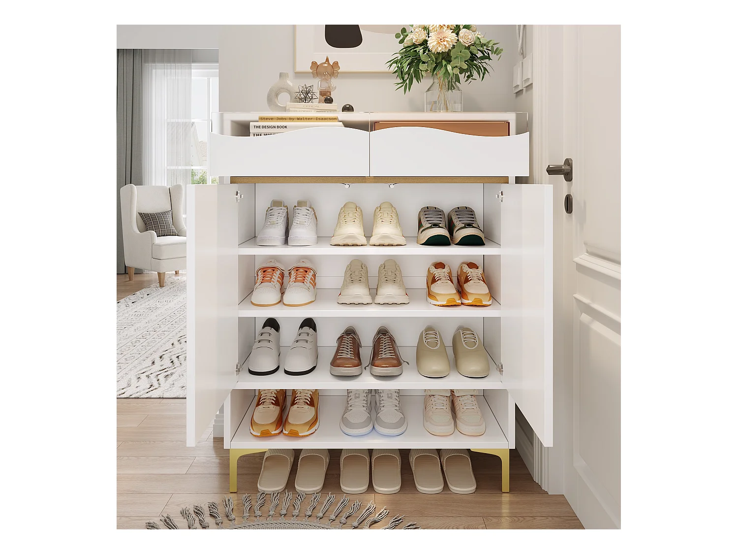 Meuble à chaussures moderne avec LED 16 couleurs, rangement et 2 tiroirs, bois MDF, blanc (80x35x105 cm)