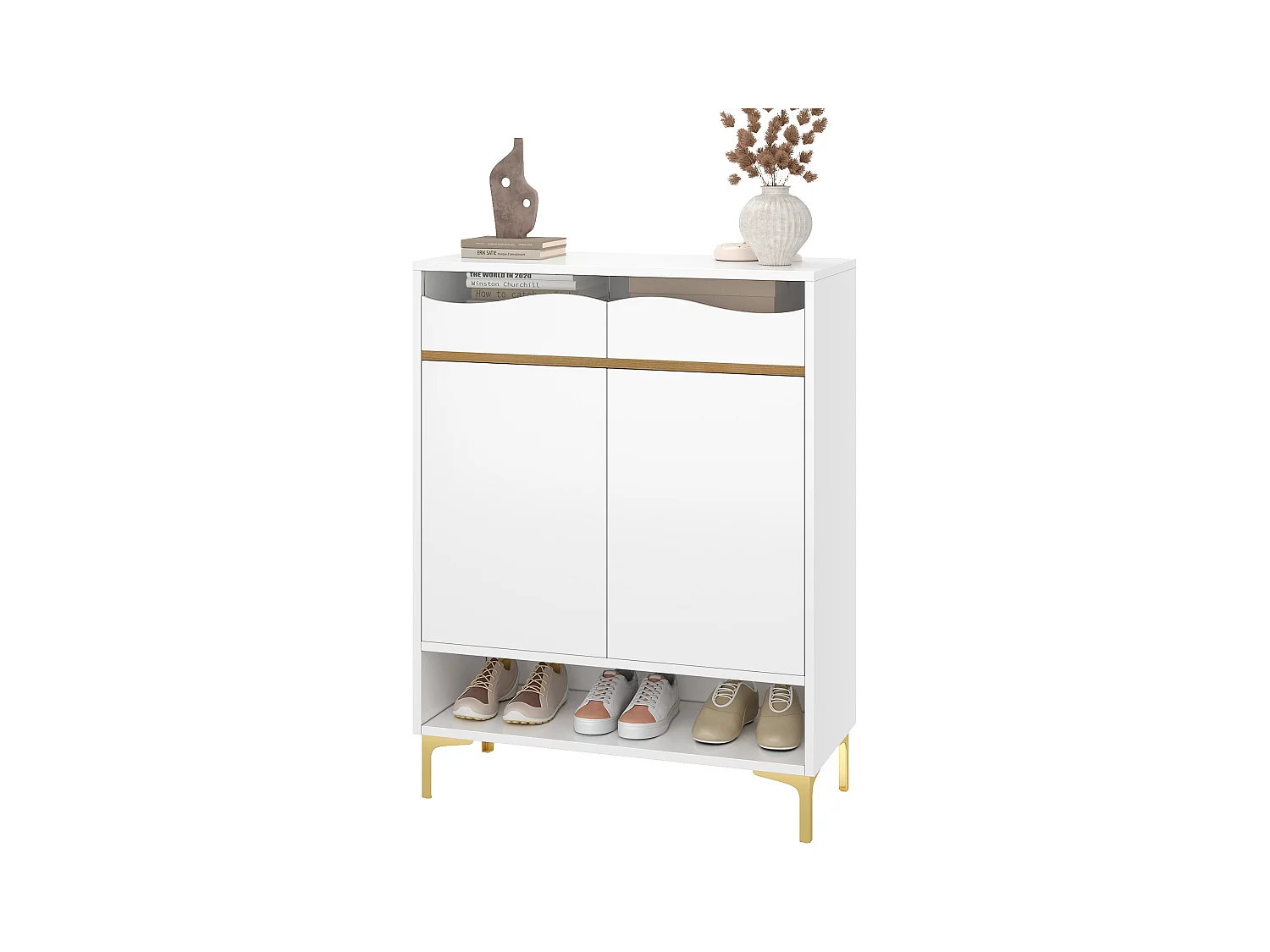 Meuble à chaussures moderne avec LED 16 couleurs, rangement et 2 tiroirs, bois MDF, blanc (80x35x105 cm)