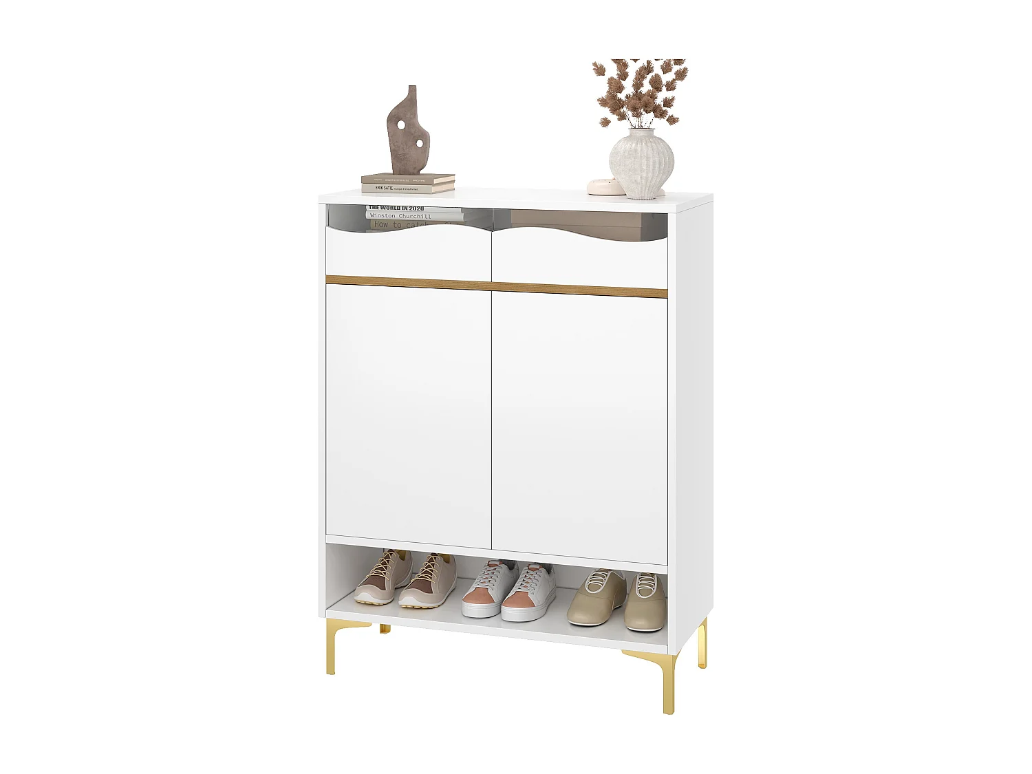 Meuble à chaussures moderne avec LED 16 couleurs, rangement et 2 tiroirs, bois MDF, blanc (80x35x105 cm)