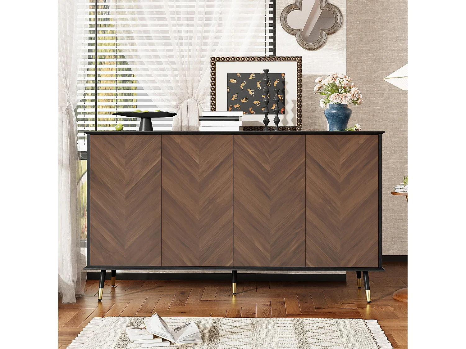 Buffet moderne avec motif en chevrons, 4 portes & étagères réglables, MDF et pieds en métal, noir et bois (140x40x80 cm)