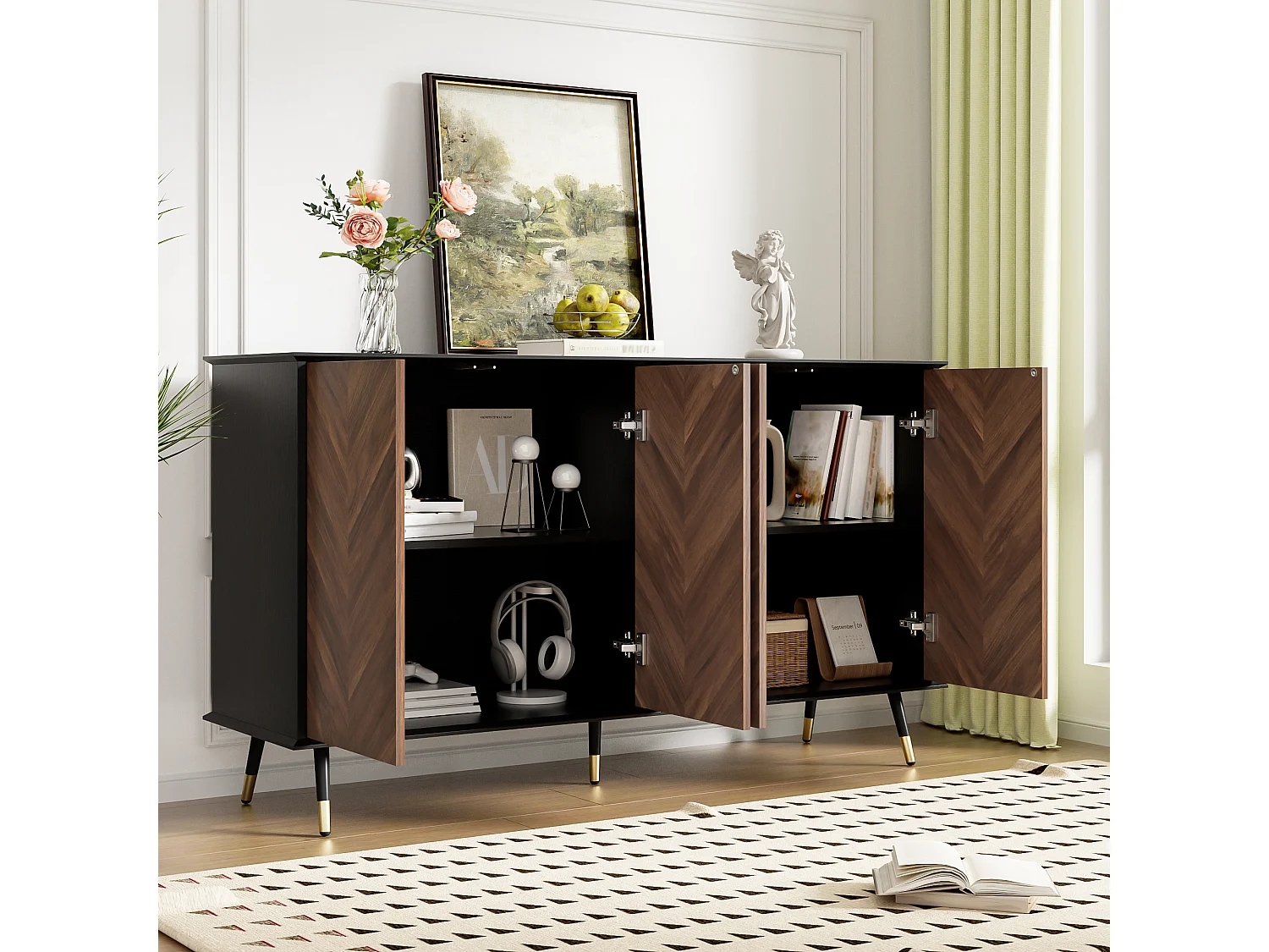 Buffet moderne avec motif en chevrons, 4 portes & étagères réglables, MDF et pieds en métal, noir et bois (140x40x80 cm)