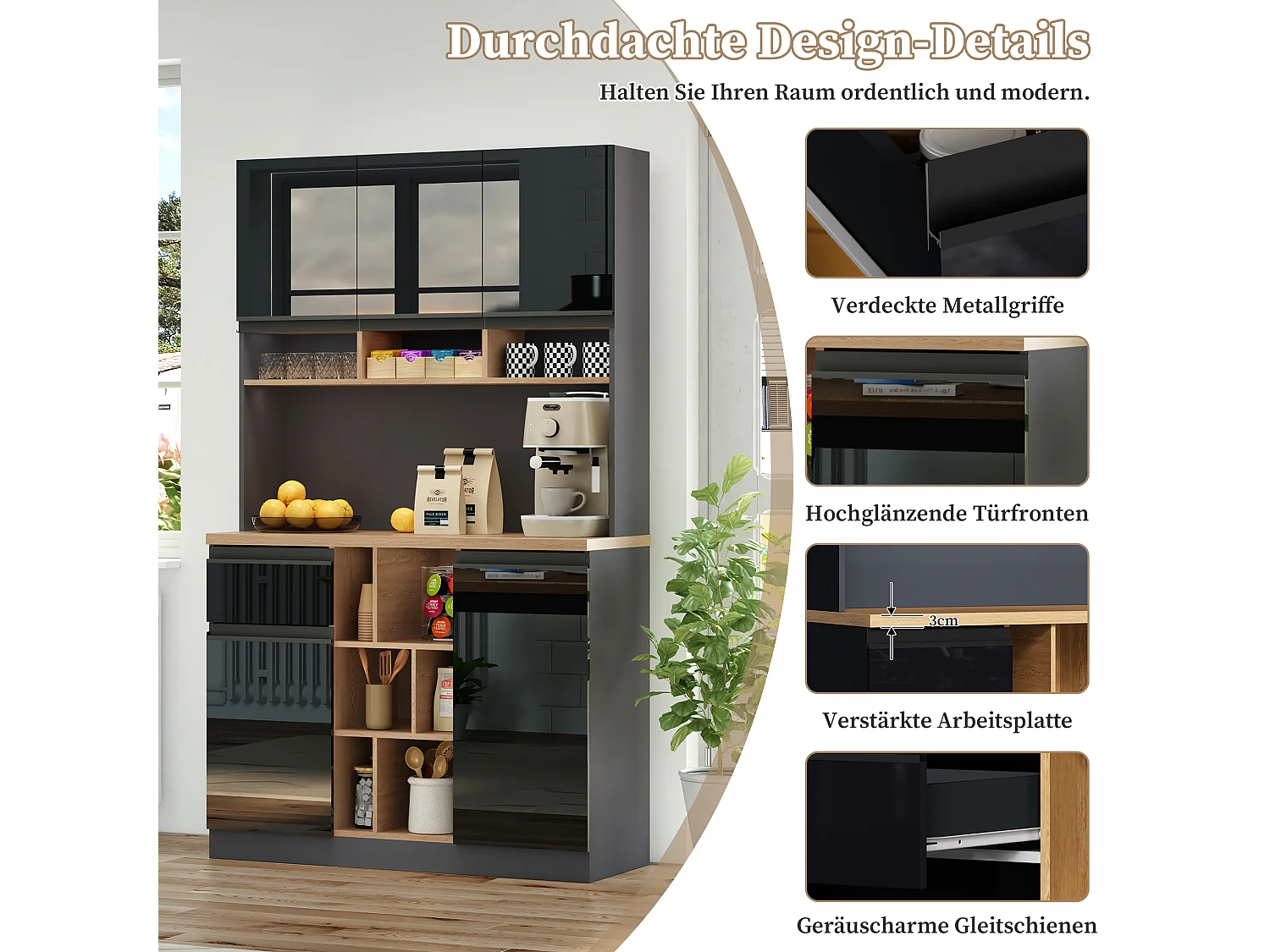 Aparador moderno con 4 estantes y baldas regulables, puertas de MDF lacado, pies metálicos regulables, color negro y gris (105x45x185 cm)