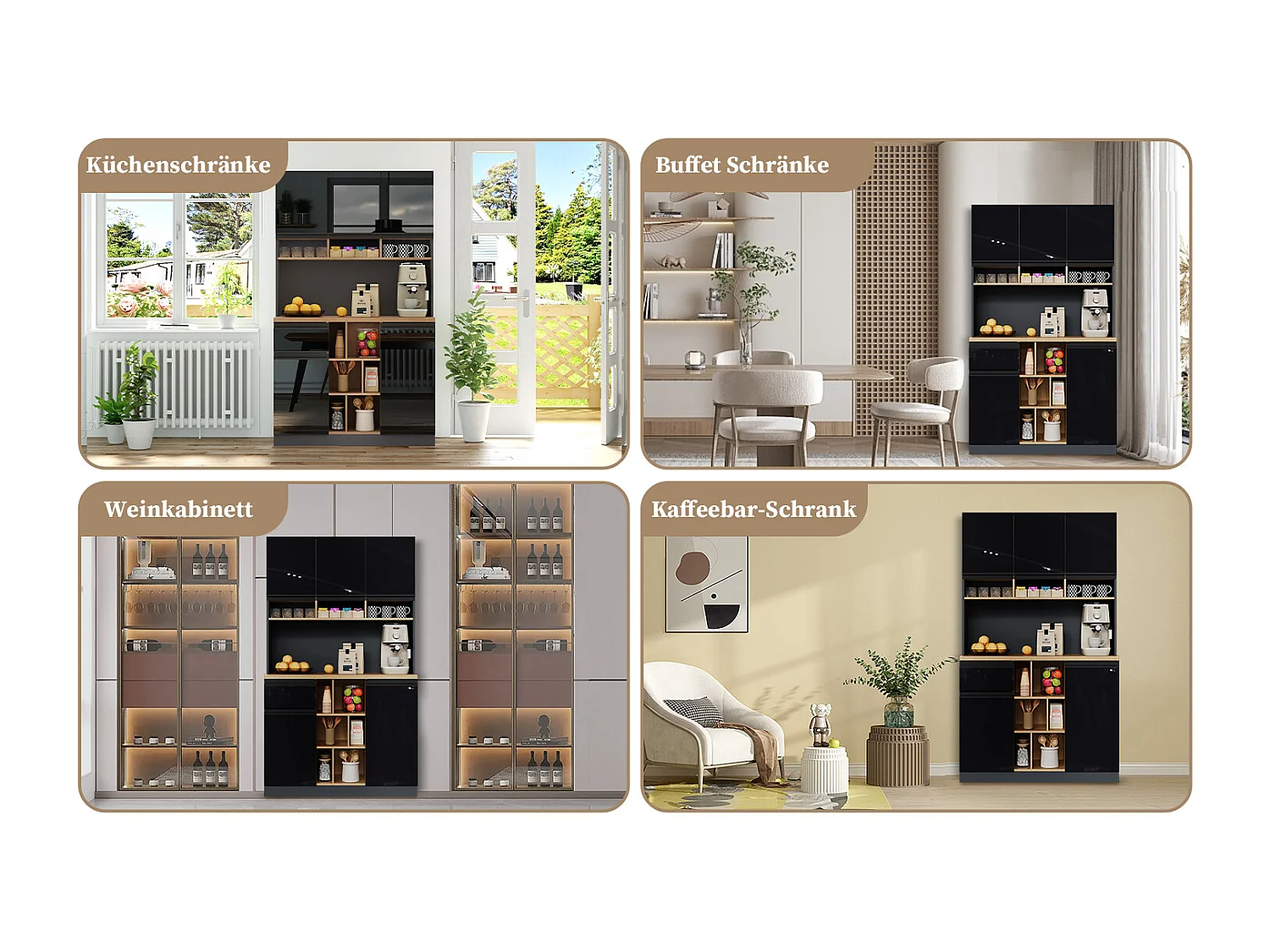 Aparador moderno con 4 estantes y baldas regulables, puertas de MDF lacado, pies metálicos regulables, color negro y gris (105x45x185 cm)