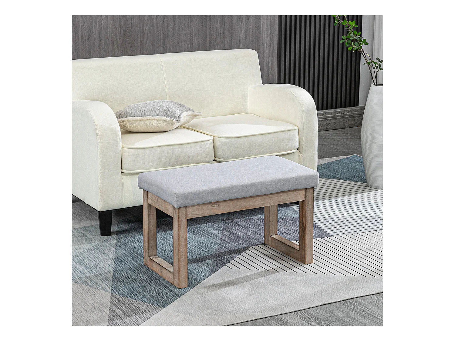 Tabouret de rangement avec pieds en bois, pouf rembourré, tissu polyester, gris (68x38x42 cm)