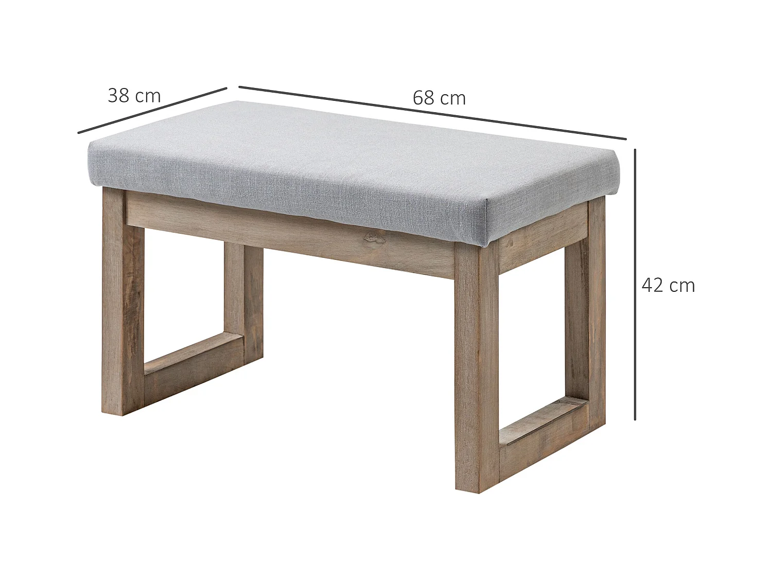 Tabouret de rangement avec pieds en bois, pouf rembourré, tissu polyester, gris (68x38x42 cm)