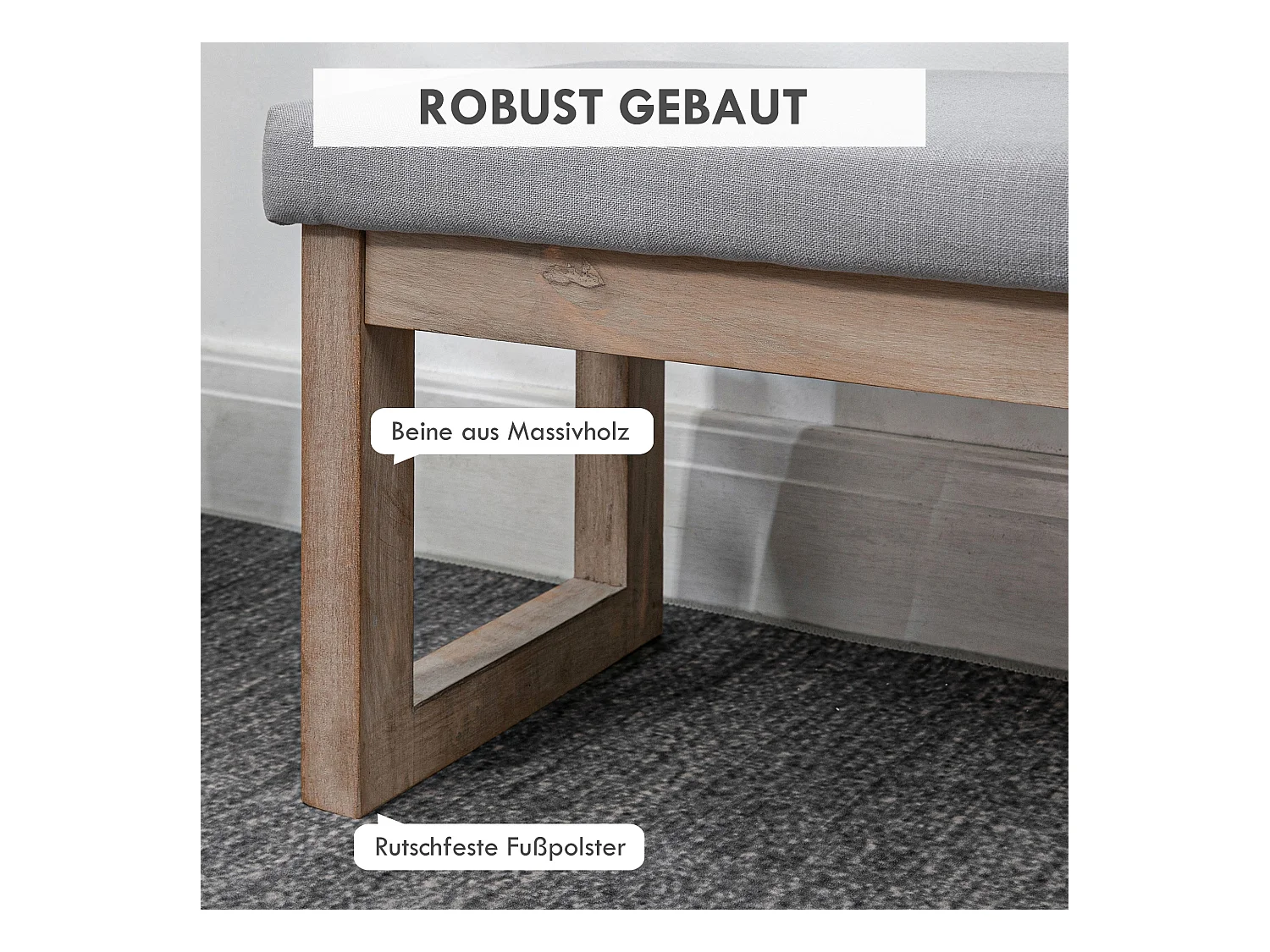 Tabouret de rangement avec pieds en bois, pouf rembourré, tissu polyester, gris (68x38x42 cm)