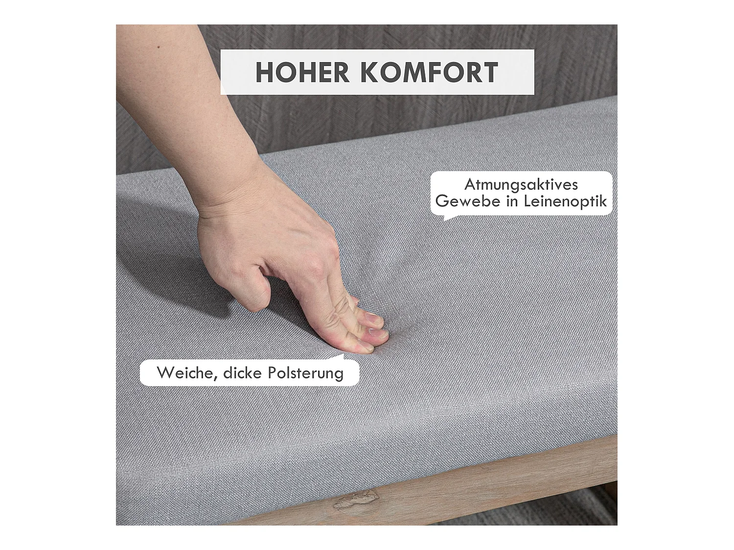 Tabouret de rangement avec pieds en bois, pouf rembourré, tissu polyester, gris (68x38x42 cm)