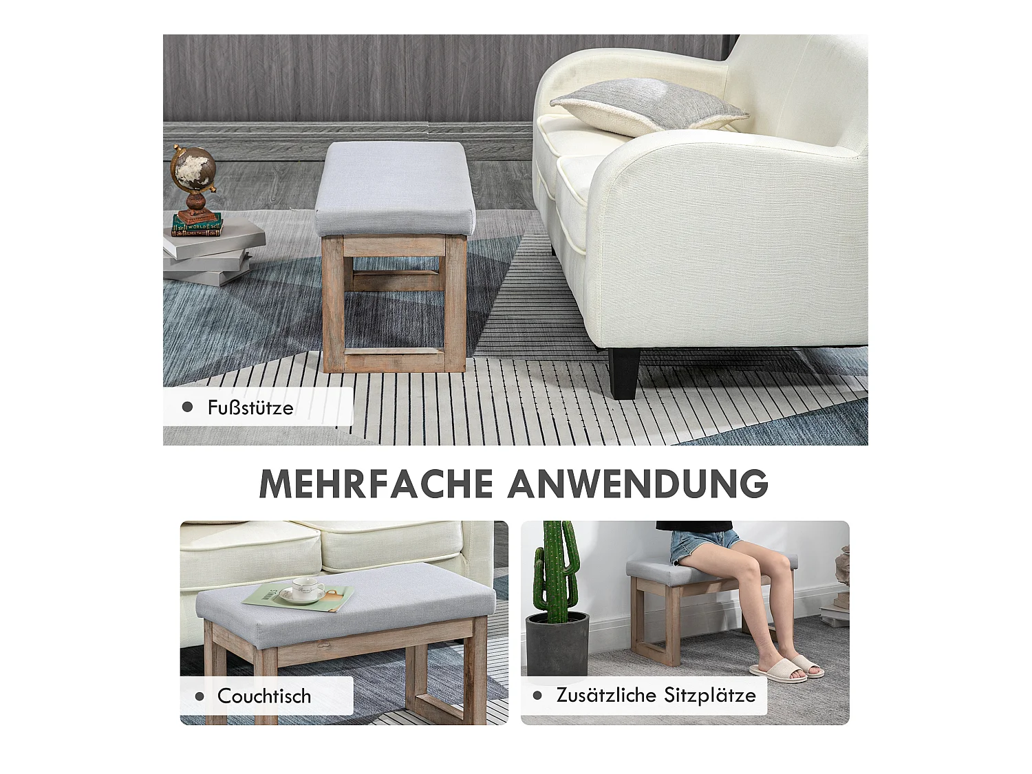 Tabouret de rangement avec pieds en bois, pouf rembourré, tissu polyester, gris (68x38x42 cm)