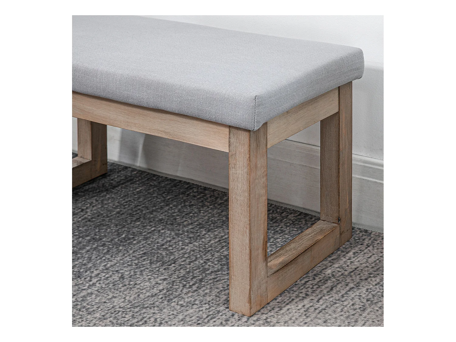 Tabouret de rangement avec pieds en bois, pouf rembourré, tissu polyester, gris (68x38x42 cm)