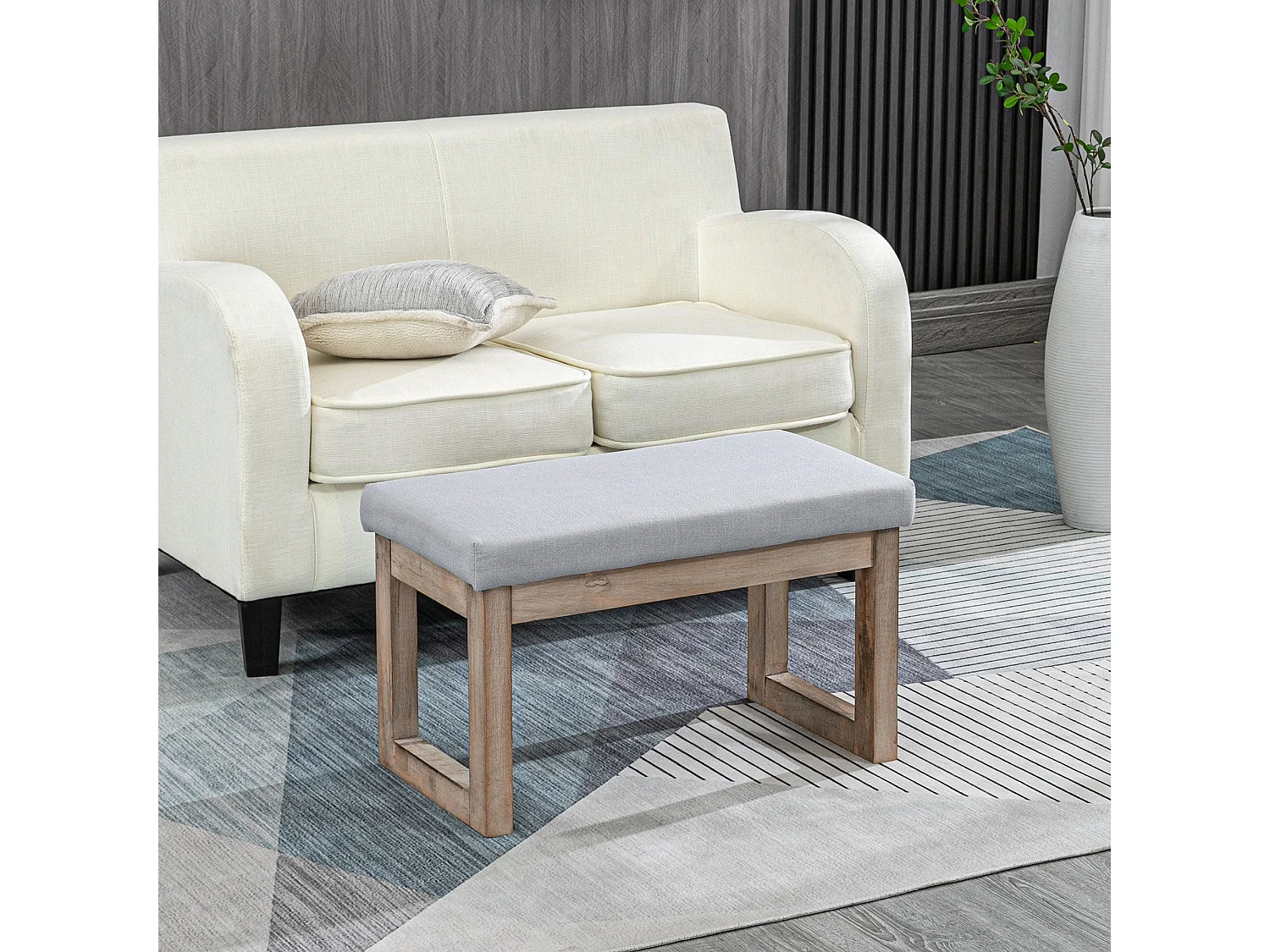 Tabouret de rangement avec pieds en bois, pouf rembourré, tissu polyester, gris (68x38x42 cm)