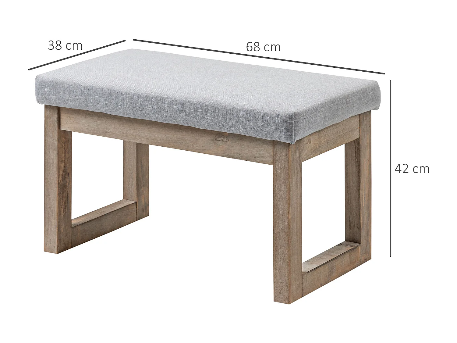 Tabouret de rangement avec pieds en bois, pouf rembourré, tissu polyester, gris (68x38x42 cm)
