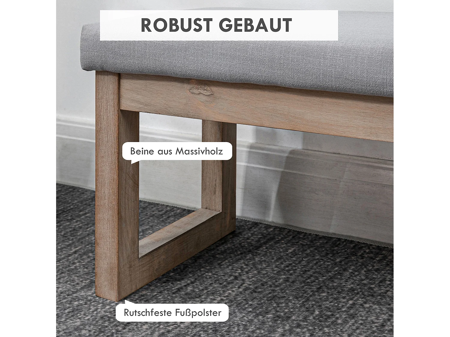 Tabouret de rangement avec pieds en bois, pouf rembourré, tissu polyester, gris (68x38x42 cm)